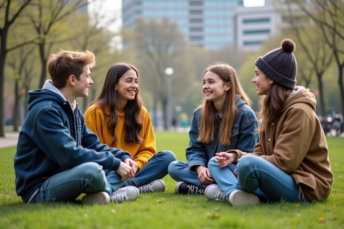 Jeunes discutant dans un parc urbain au printemps