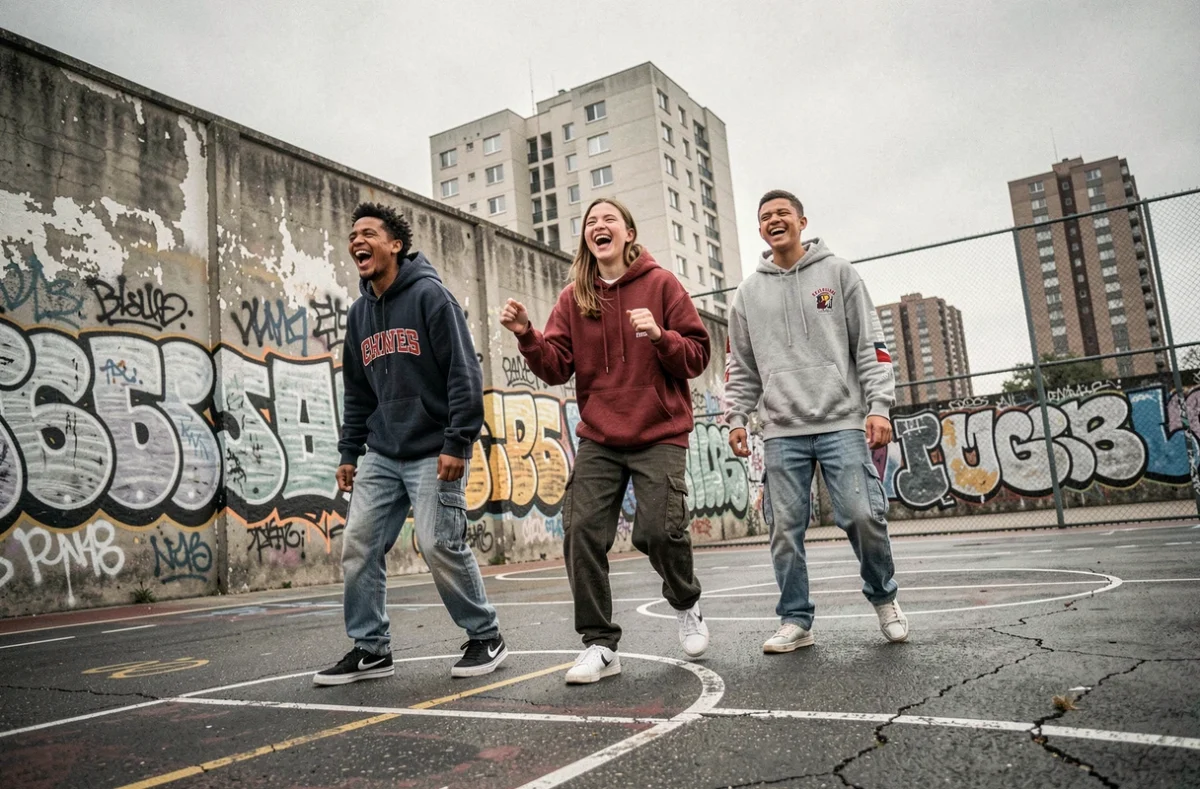Groupe de jeunes en tenue urbaine sur un terrain de basket grafité, composition dynamique inspirée du style William Klein