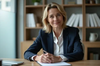 Journaliste femme souriante à son bureau, symbole de discrétion vie privée et équilibre professionnel
