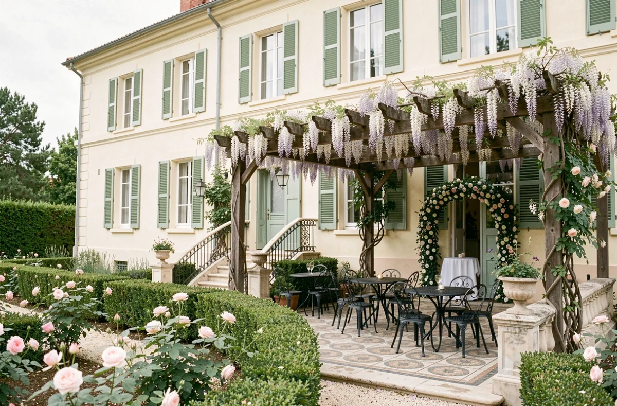 La Villa des Charmes avec façade jaune, jardin de roses, pergola en wisteria blanche et escalier en pierre orné d'un arc floral