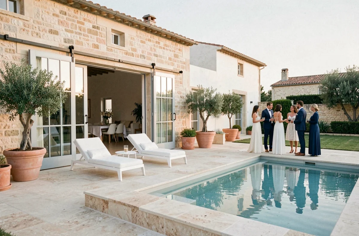 Domaine Lane anciennement By Ma Ferme avec mas rénové, terrasse moderne, pool et mobilier de réception blanc épuré