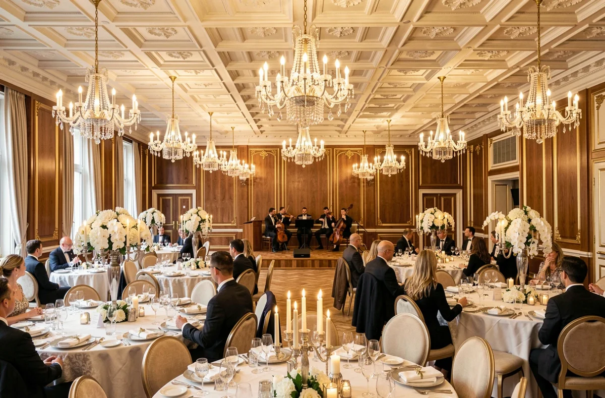 La salle de bal du Royal Metz avec décoration somptueuse pour un mariage et lustre en cristal