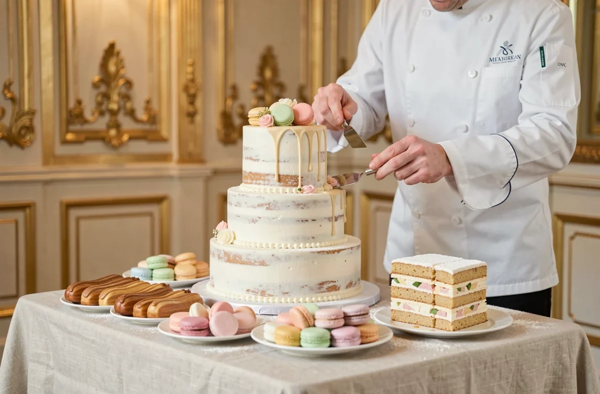 Table de pâtisseries de mariage Lenôtre avec gâteau à étages, macarons et éclairs, dressée dans un salon parisien par un pâtissier en veste blanche