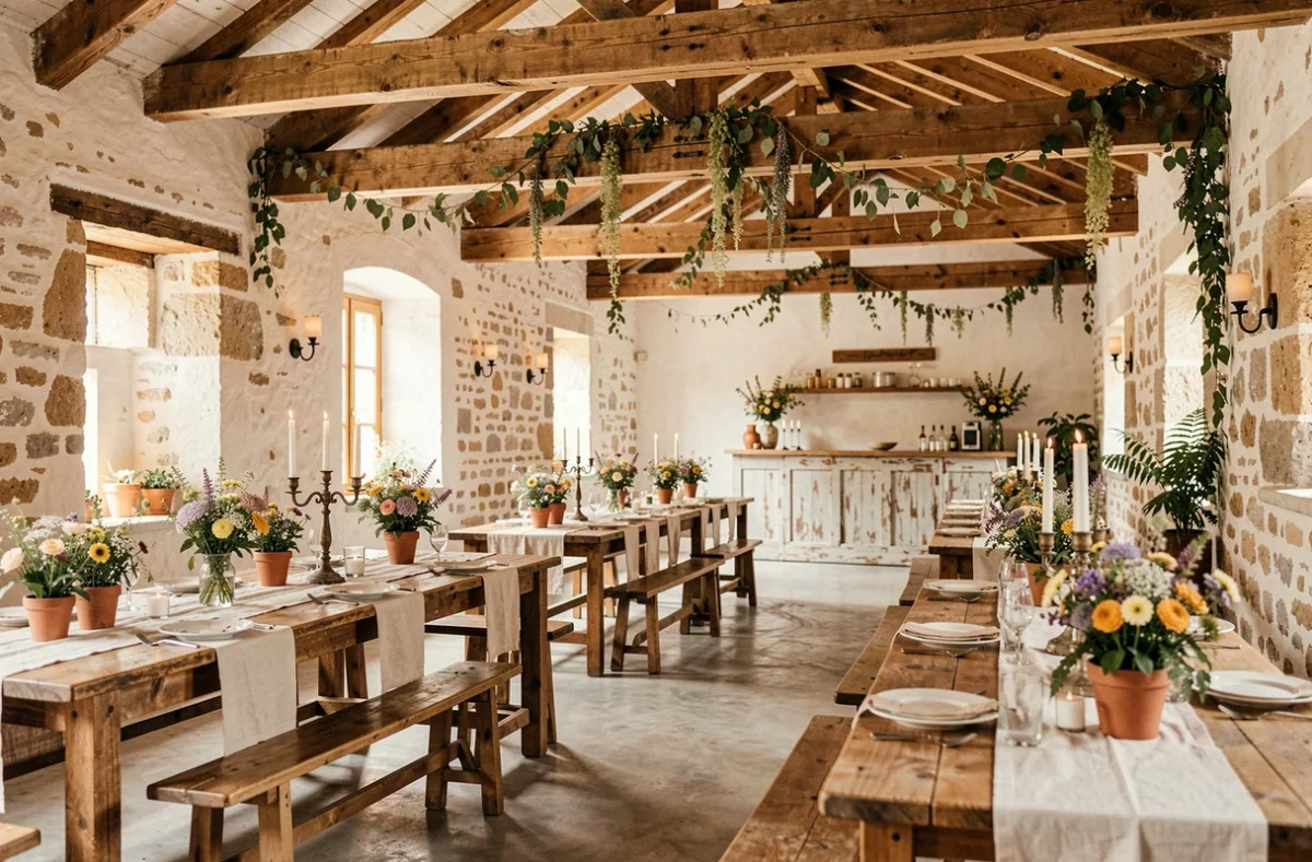 Salle de réception rustique-chic de Les Coulondrines avec poutres en bois, murs en pierre et tables décorées de fleurs sauvages