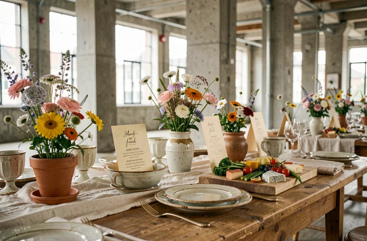 Table de mariage sur mesure des Filles du Traiteur avec vaisselle artisanale, cartes menu manuscrites et plateau de fromages dans un loft parisien