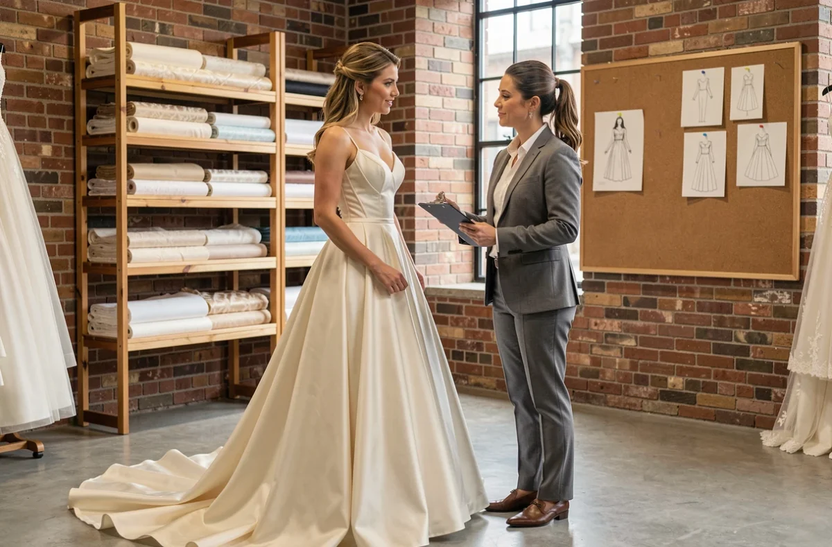 Consultation chez une créatrice de robes de mariée de luxe dans un atelier de couture élégant