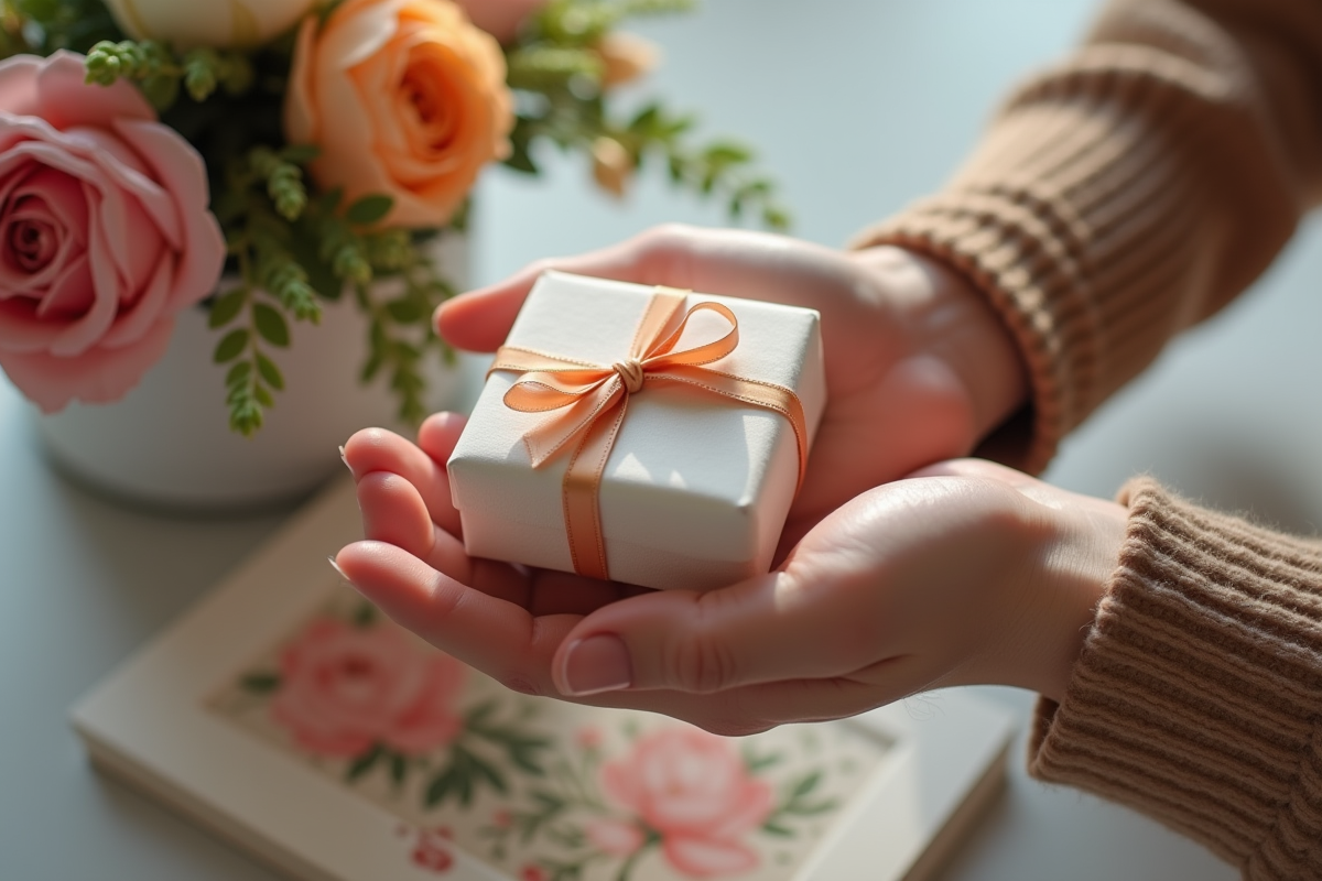 Mains tenant un petit cadeau avec fleurs et cartes danniversaire