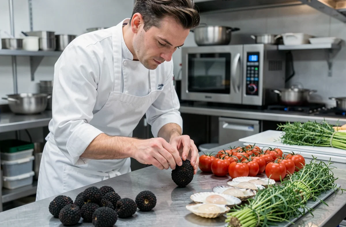 Chef de la Maison Alexandre inspectant des produits haut de gamme — truffes, noix de Saint-Jacques et herbes fraîches — dans une cuisine professionnelle parisienne