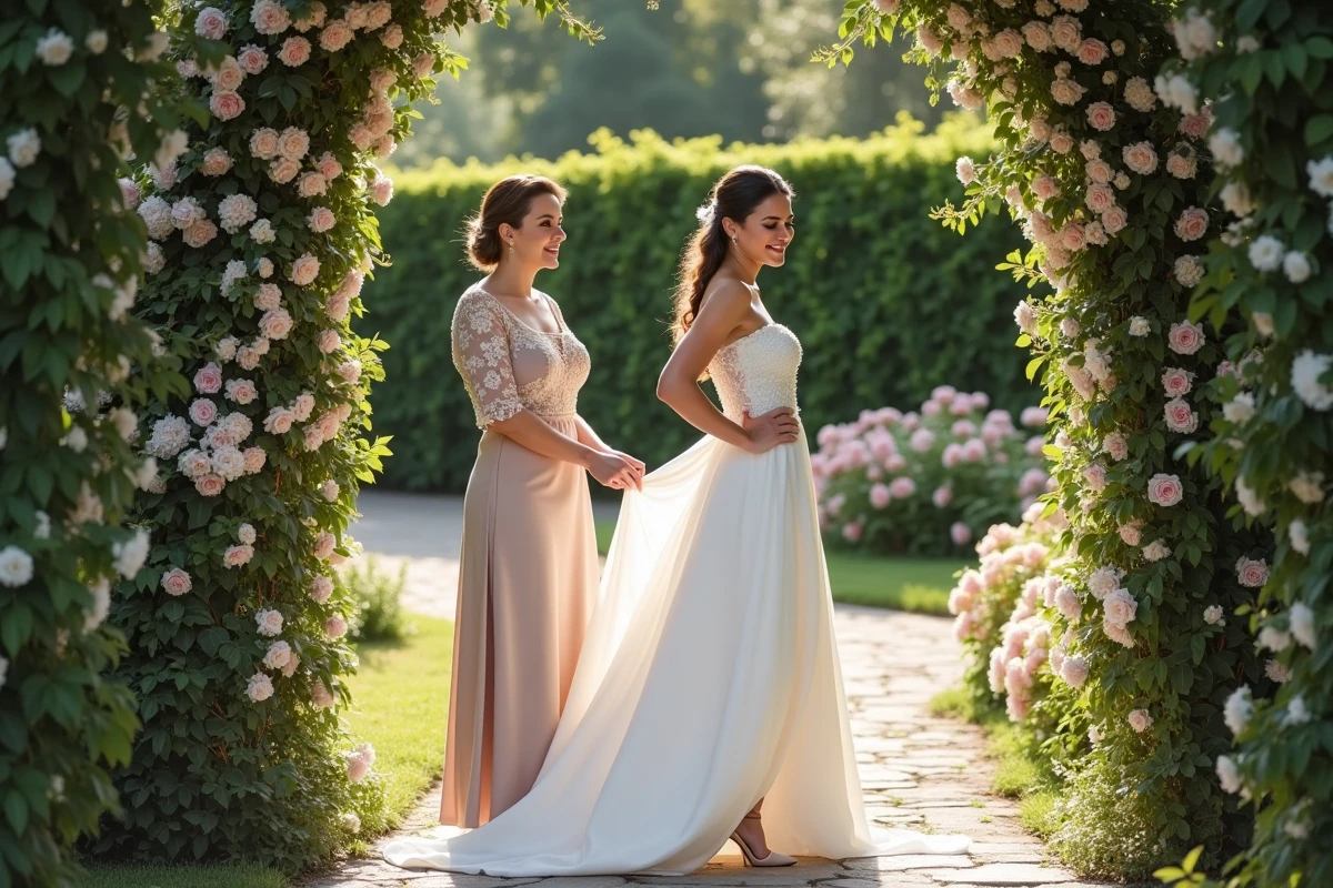 Maman aidant la mariée à ajuster sa robe dans un jardin fleuri