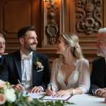 Jeune couple belge signant leur mariage avec parents dans salle élégante