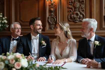 Jeune couple belge signant leur mariage avec parents dans salle élégante