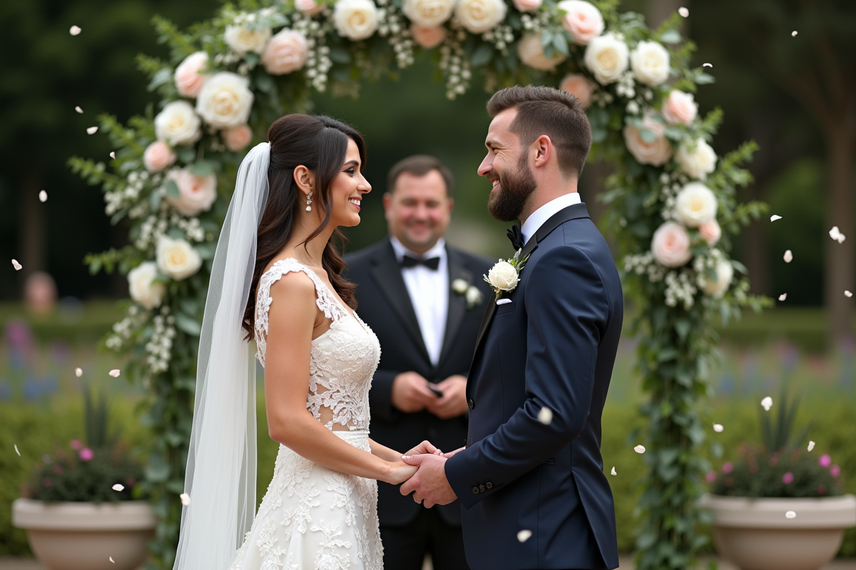 Mariage en plein air avec couple et arche florale