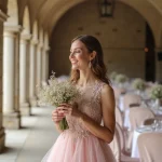 Mariée élégante en robe rose pastel dans un château français