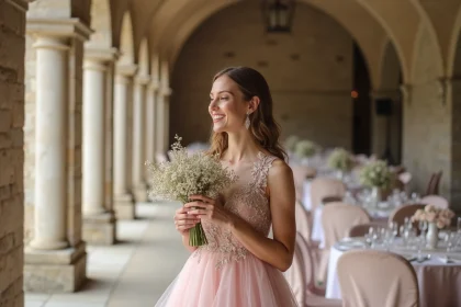 Mariée élégante en robe rose pastel dans un château français