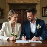 Couple de mariés signant l'acte de mariage civil à la mairie avec sourires et bouquet de fleurs