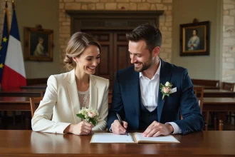 Couple de mariés signant l'acte de mariage civil à la mairie avec sourires et bouquet de fleurs