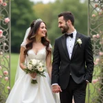 Jeune couple marié riant dans un jardin romantique