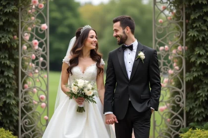 Jeune couple marié riant dans un jardin romantique
