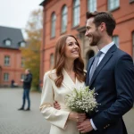 Couple mixte se mariant devant une mairie danoise en briques rouges, tenant un bouquet de fleurs blanches lors d'une cérémonie civile au Danemark