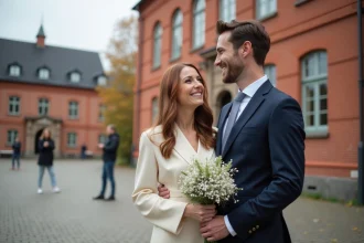Couple mixte se mariant devant une mairie danoise en briques rouges, tenant un bouquet de fleurs blanches lors d'une cérémonie civile au Danemark