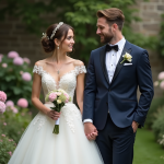 Jeune mariée en robe blanche dans un jardin fleuri
