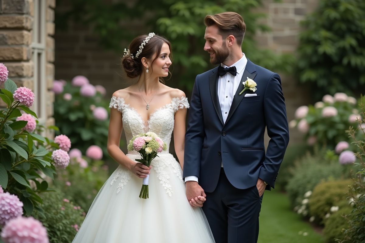 Jeune mariée en robe blanche dans un jardin fleuri