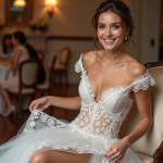Mariée souriante en robe de dentelle lors d'un mariage