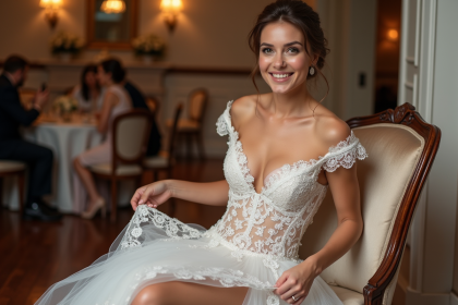 Mariée souriante en robe de dentelle lors d'un mariage