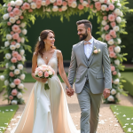 Jeune couple de mariés dans un jardin fleuri lors de leur mariage