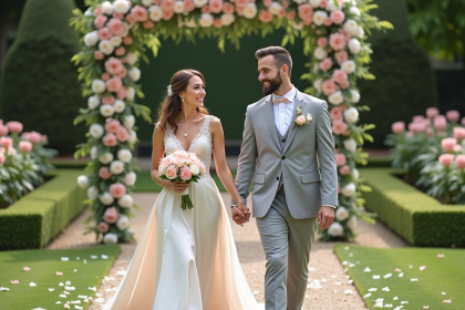 Jeune couple de mariés dans un jardin fleuri lors de leur mariage
