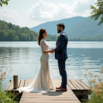 Couple marié échangeant vœux au bord du lac