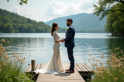 Couple marié échangeant vœux au bord du lac