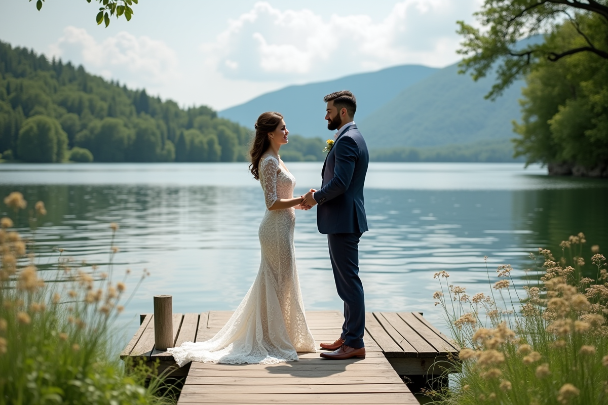 Couple marié échangeant vœux au bord du lac