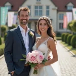 Jeune couple marié devant mairie française élégante