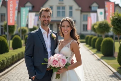 Jeune couple marié devant mairie française élégante