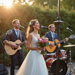 Musiciens jouant lors d'un mariage en plein air dans un jardin élégant