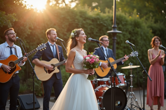 Musiciens jouant lors d'un mariage en plein air dans un jardin élégant