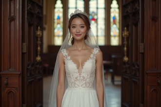 Jeune mariée en robe blanche dans une église élégante