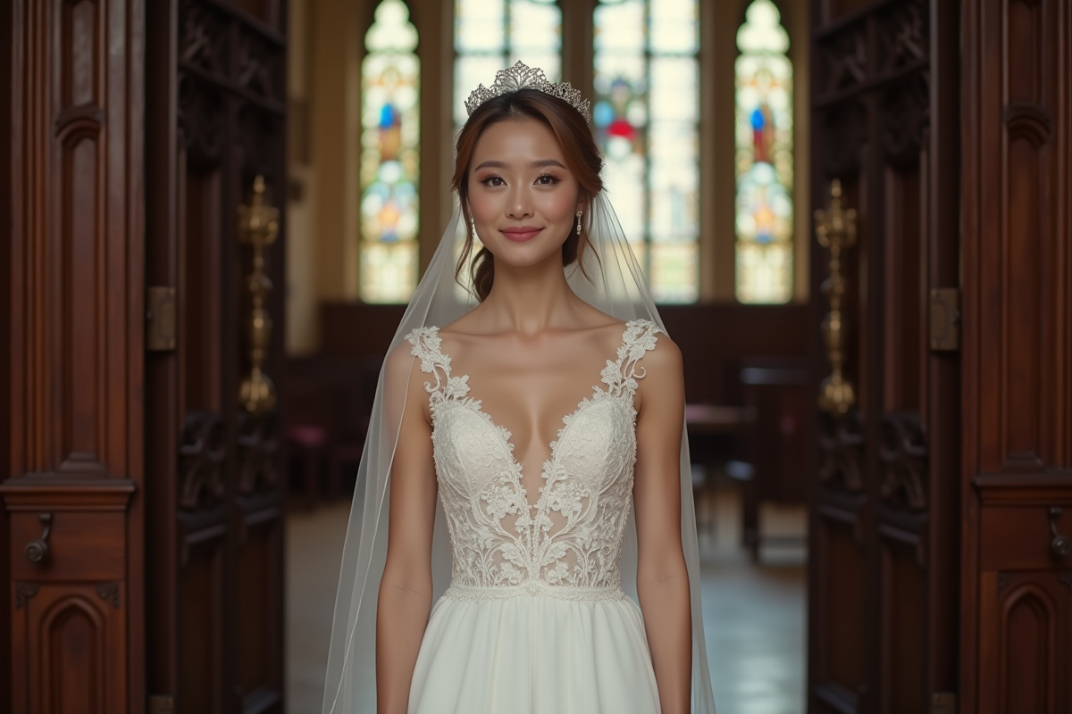 Jeune mariée en robe blanche dans une église élégante