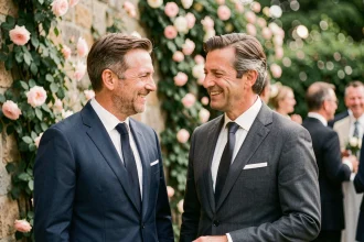 Deux hommes élégants souriants lors d'une réception de mariage en jardin, illustrant les rumeurs autour du mariage de Stéphane Marie