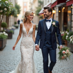 Jeune couple de mariés dans une rue pavée romantique