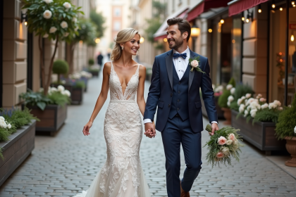Jeune couple de mariés dans une rue pavée romantique