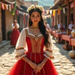 Mariée gitane en robe traditionnelle brodée rouge et or avec couronne florale lors d'une cérémonie de mariage romani en plein air