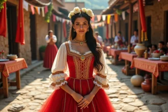 Mariée gitane en robe traditionnelle brodée rouge et or avec couronne florale lors d'une cérémonie de mariage romani en plein air