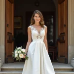 Mariée en robe blanche courte en dentelle devant la mairie pour un mariage civil chic