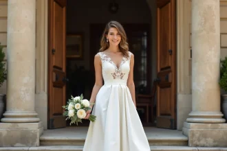 Mariée en robe blanche courte en dentelle devant la mairie pour un mariage civil chic