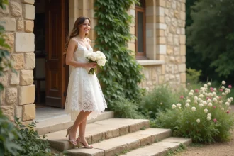 Mariée en robe courte blanche en dentelle portant des talons nude sur les marches d'une chapelle en pierre à la campagne