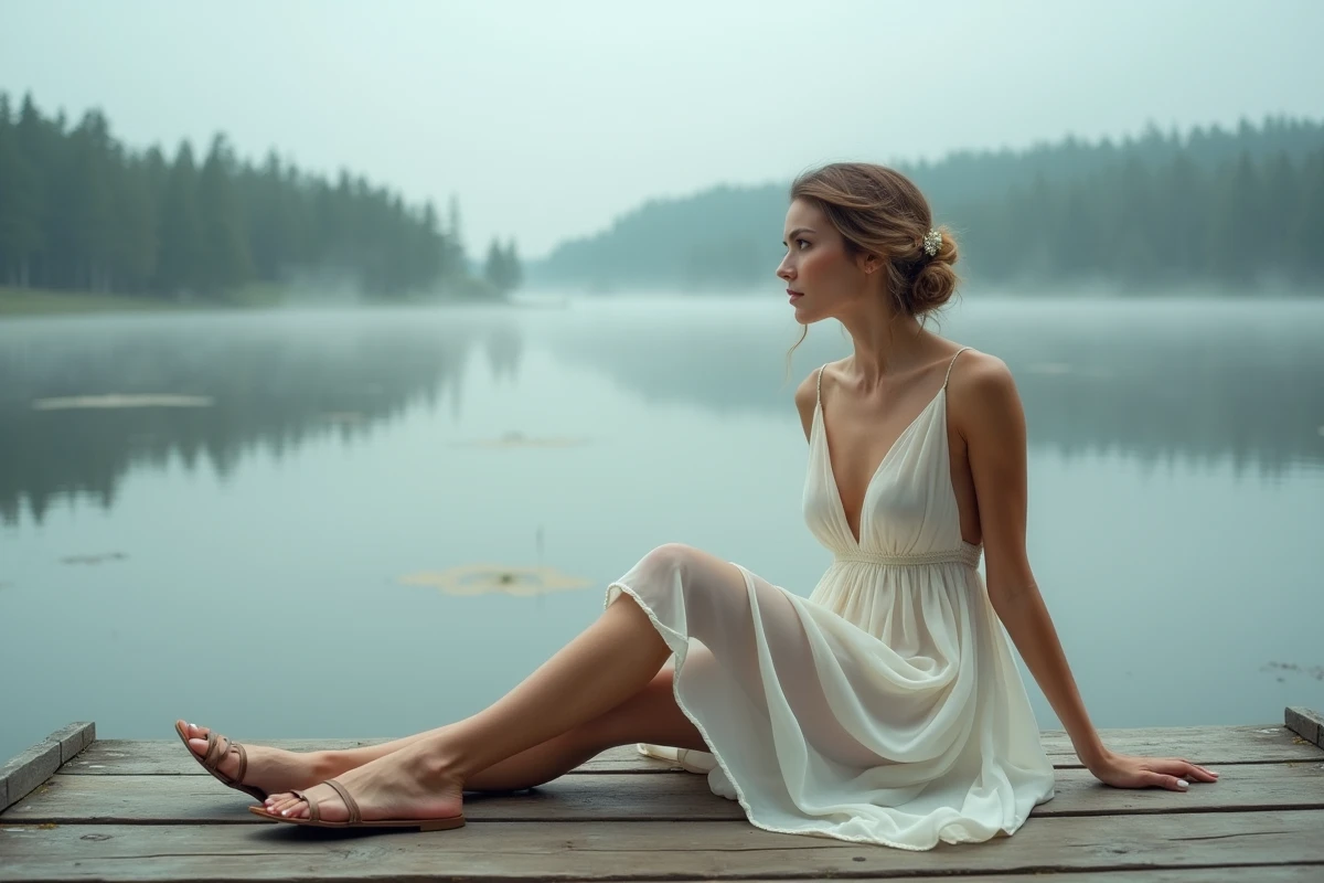 Mariée en robe de mariée courte en mousseline assise sur un ponton en bois au bord d'un lac avec des sandales plates en cuir posées à côté