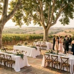 Vue panoramique d'une salle de mariage en plein air dans l'Hérault avec terrasse en pierre, tables drapées et vignobles en arrière-plan