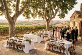Vue panoramique d'une salle de mariage en plein air dans l'Hérault avec terrasse en pierre, tables drapées et vignobles en arrière-plan